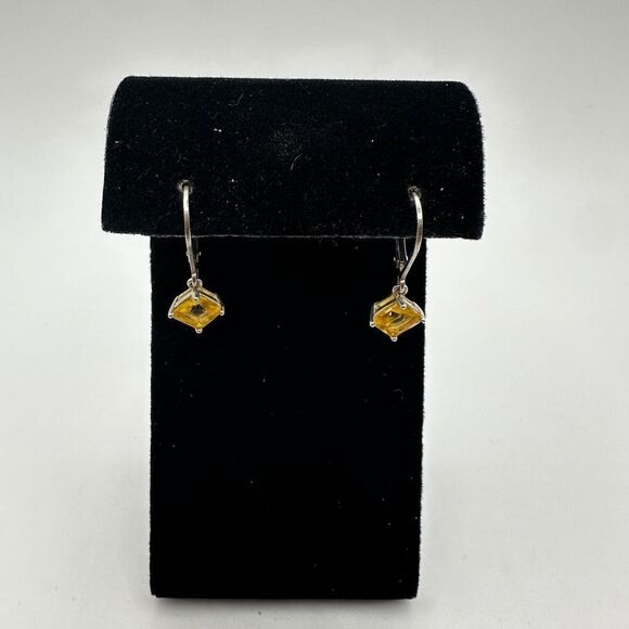 1" sterling silver lever back, princess cut citrine dangle earrings! - Picture 7 of 12